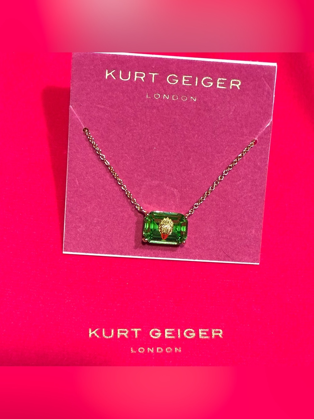 Kurt Geiger London Gold Tone Eagle Emerald Cut Pendant Necklace Light Green